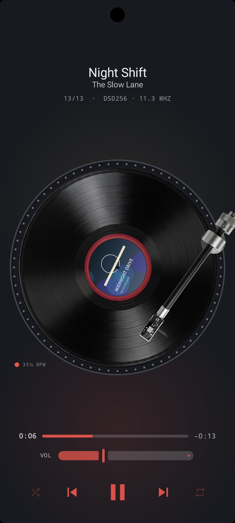 MP95 on Android playing a DSD256 file: the turntable, and the track line reading DSD256 · 11.3 MHz