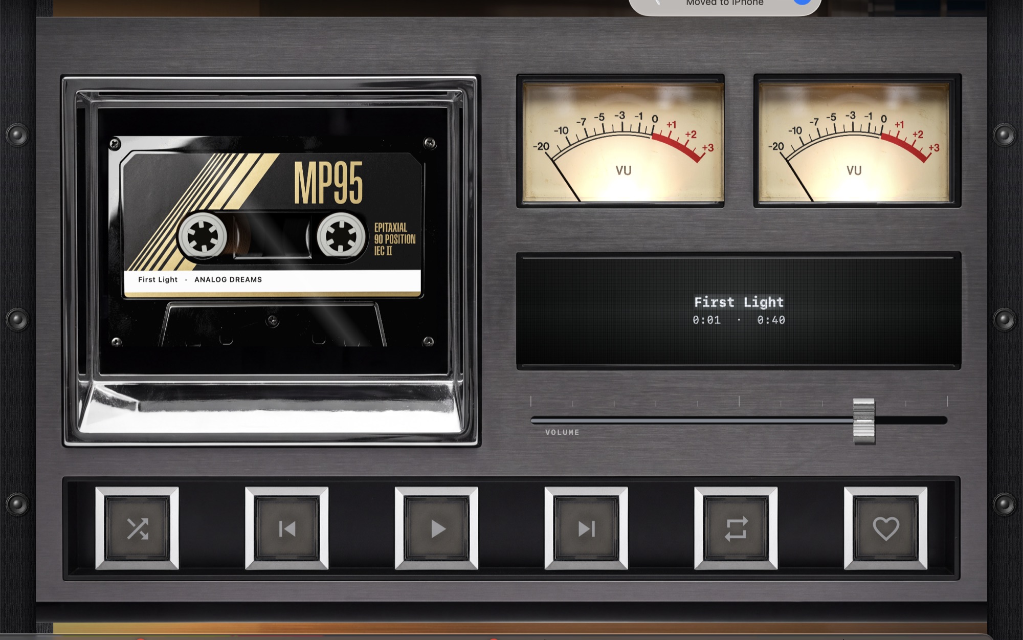 MP95 on Mac: the cassette deck with a cassette in the bay and VU meters