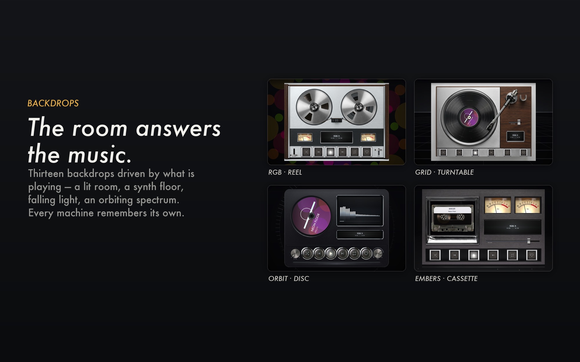 Four MP95 machines on Mac with different audio-reactive backdrops: RGB behind the reel deck, a grid behind the turntable, an orbit behind the disc player and embers behind the cassette deck