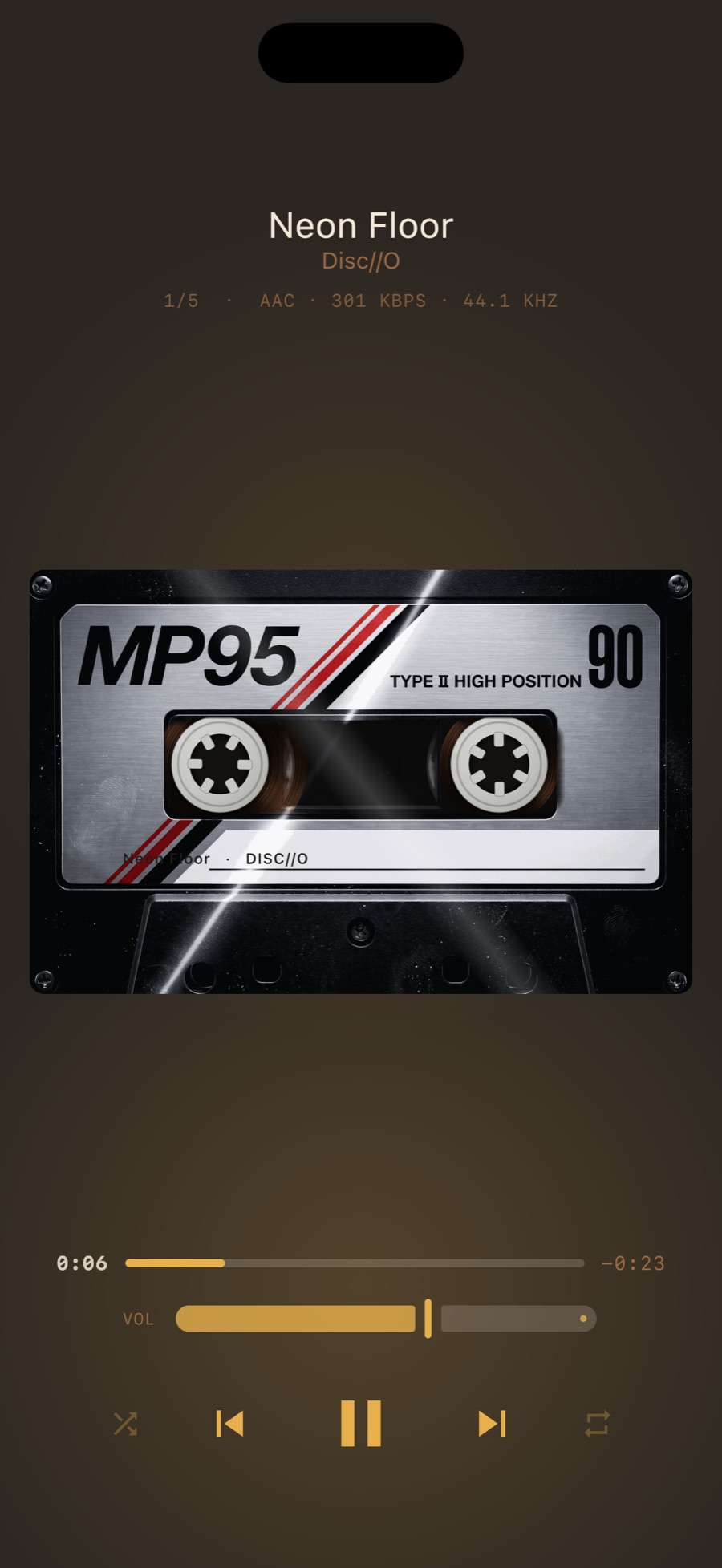MP95 cassette deck on iPhone, CHROME cassette shell: silver label with red and black diagonal stripes, TYPE II HIGH POSITION 90
