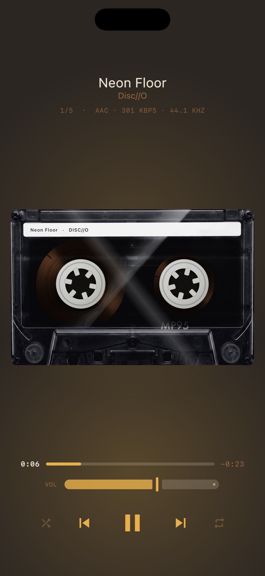 MP95 cassette deck on iPhone, NOIR cassette shell: smoked black plastic, one diagonal highlight, tape and hubs visible behind the window