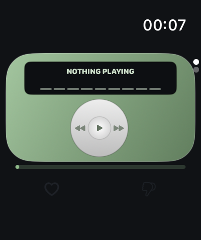 MP95 Apple Watch remote: a green click-wheel player face with a small display and play, previous and next controls